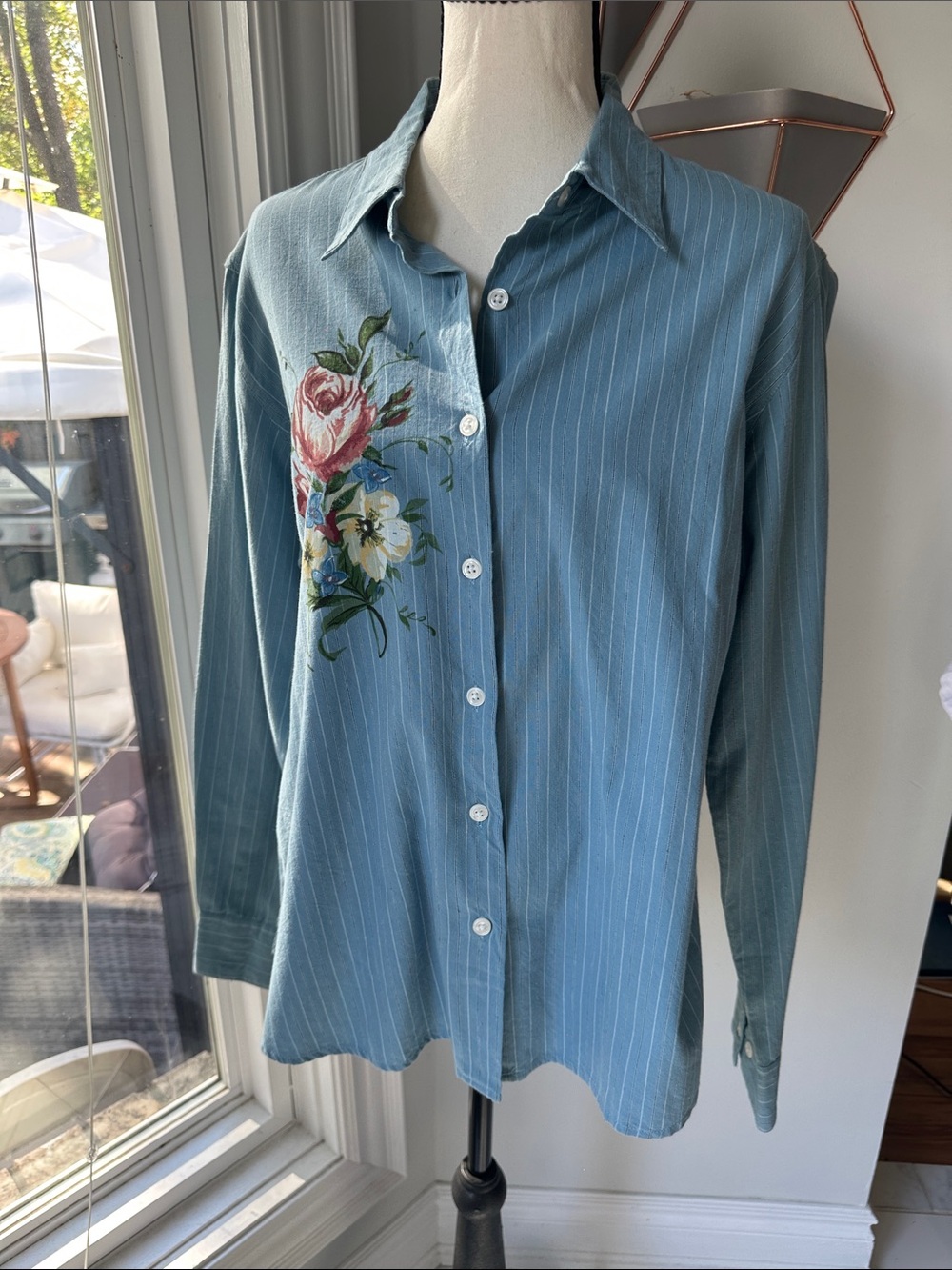 Vintage Northern Reflections Floral Blue Pinstripe Button-Up Down Shirt Sz Large